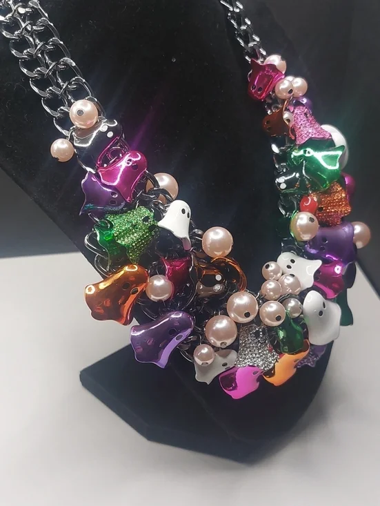 Betsey Johnson Halloween Colorful Ghosts Chunky Bib Statement Necklace - Picture 3 of 16